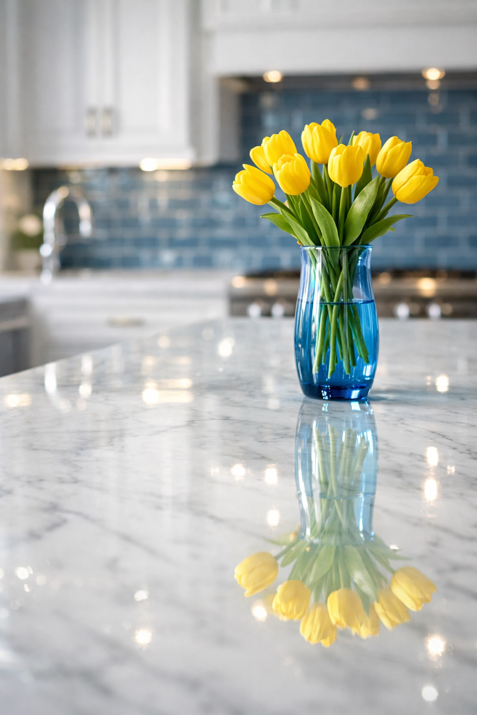 Spotless white marble kitchen island reflecting the high-end results of luxury house cleaning in Newton MA.