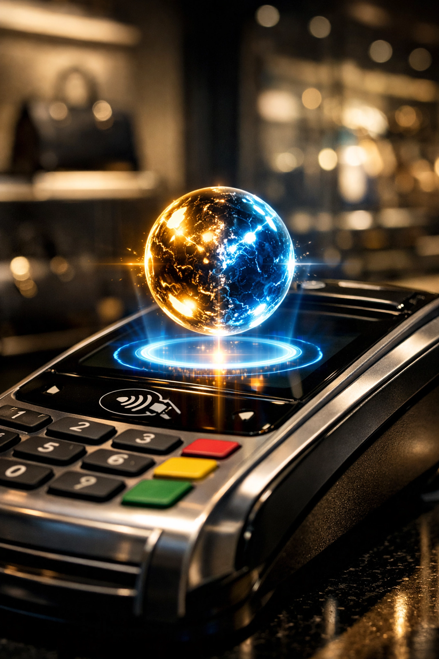 High-tech Web3 payment terminal showing a stablecoin hologram for fast, secure LUSD merchant transactions.