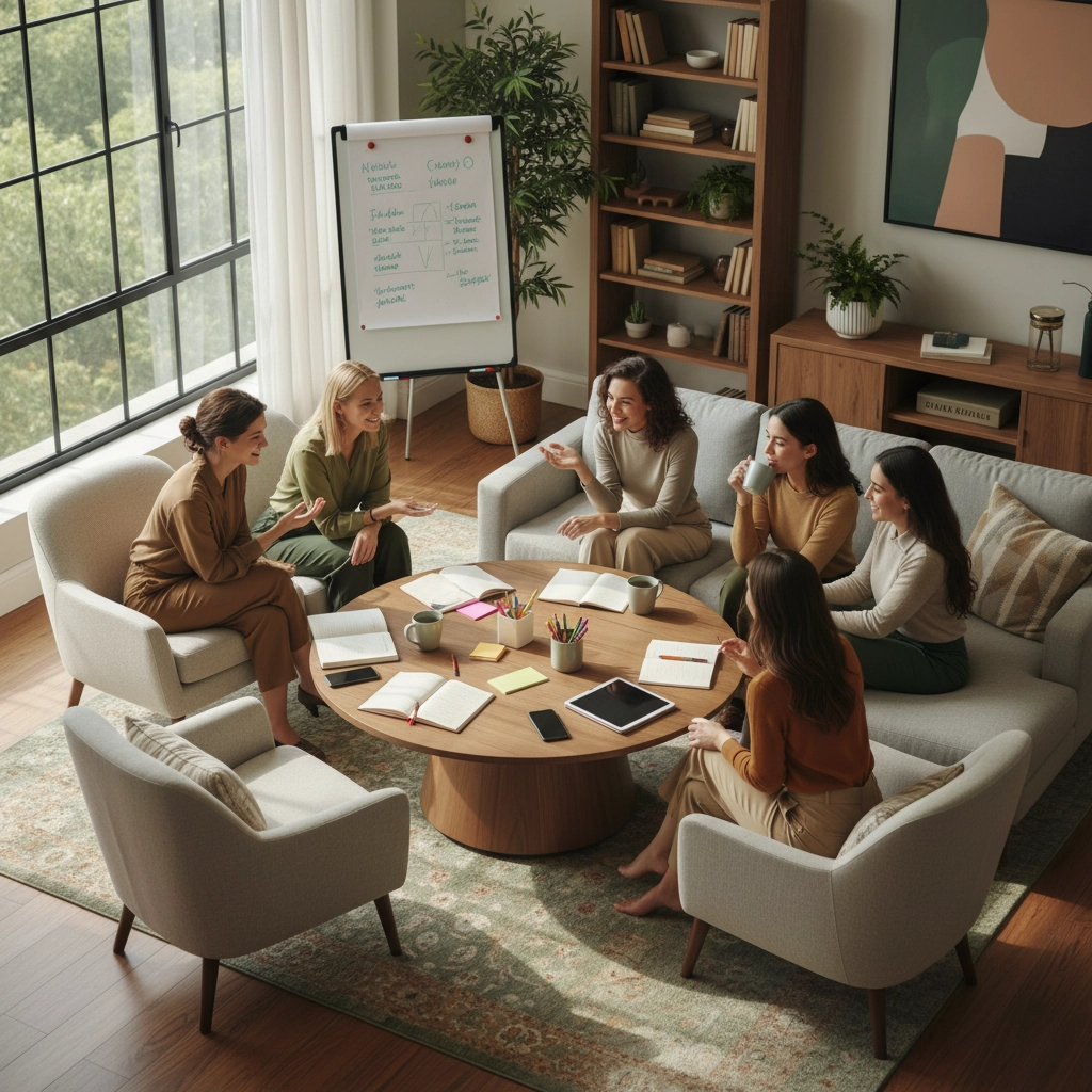 A picture of a group of women sitting around a round wooden living room coffee table. There are open notebooks, phones and a tablet on the table, and an easel behind them on the left with green writing on it. Solo & Safe: A Simple, 30-Day Plan to Build Your Disaster Network