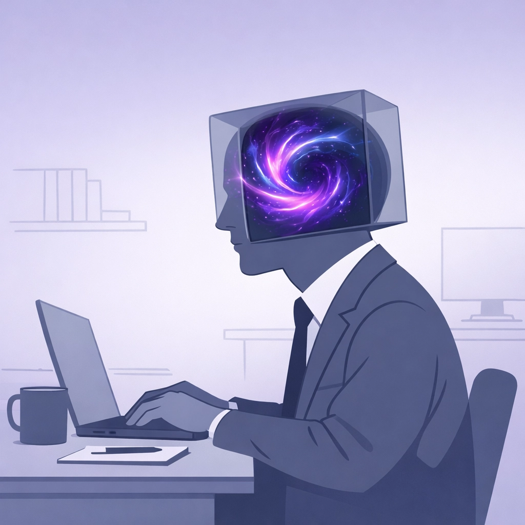 Illustration of a professional masking at a desk, showing the internal energy drain of hiding an invisible disability.