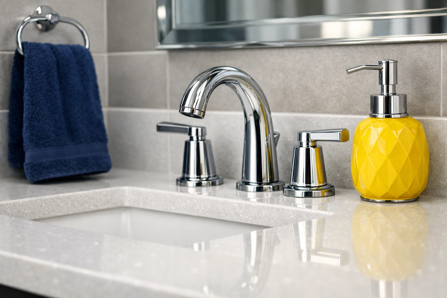 Sparkling white quartz bathroom vanity in a sanitized Leominster apartment featuring clean surfaces and decor.