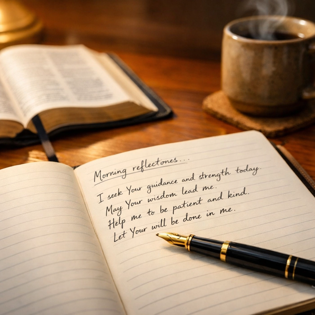 An open Bible and handwritten journal for daily scripture reflection.