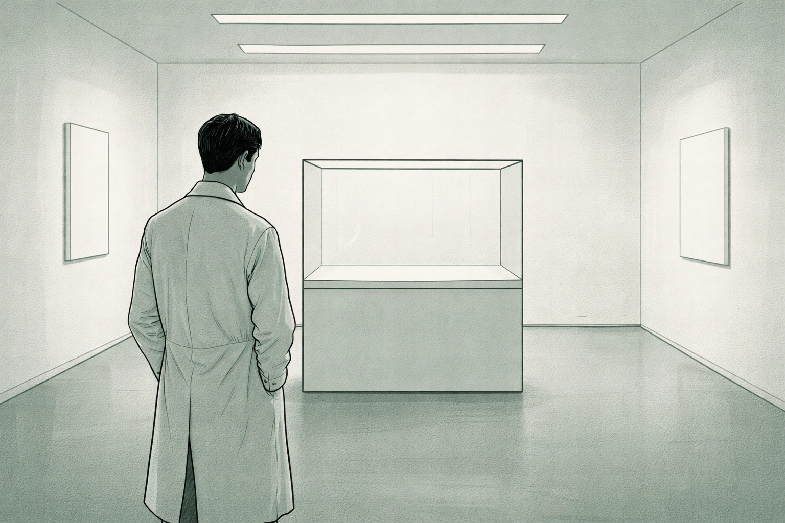 Sterile gallery with a man in a white coat symbolizes Finch's obsession with perfection in The Aestheticist thriller