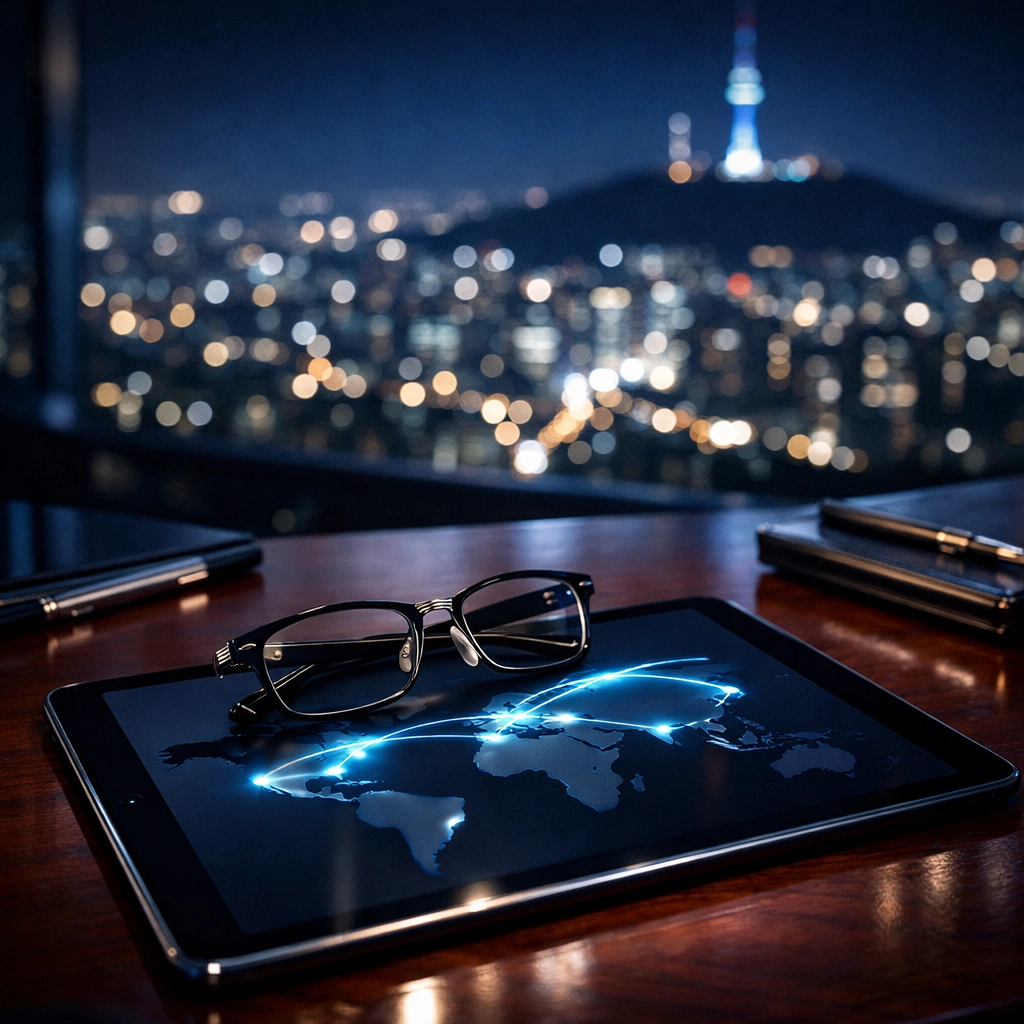 A strategy heat map showing global capital flows between Seoul and North American financial centers.