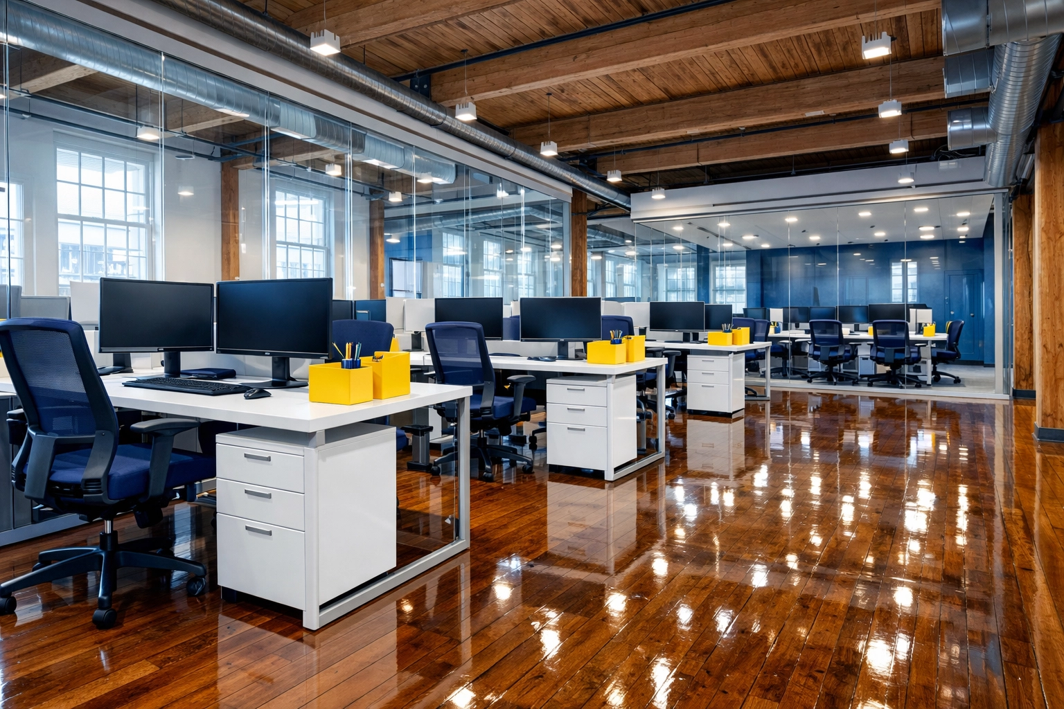 Sanitized modern office in a Lowell mill highlighting professional commercial deep cleaning Lowell standards.