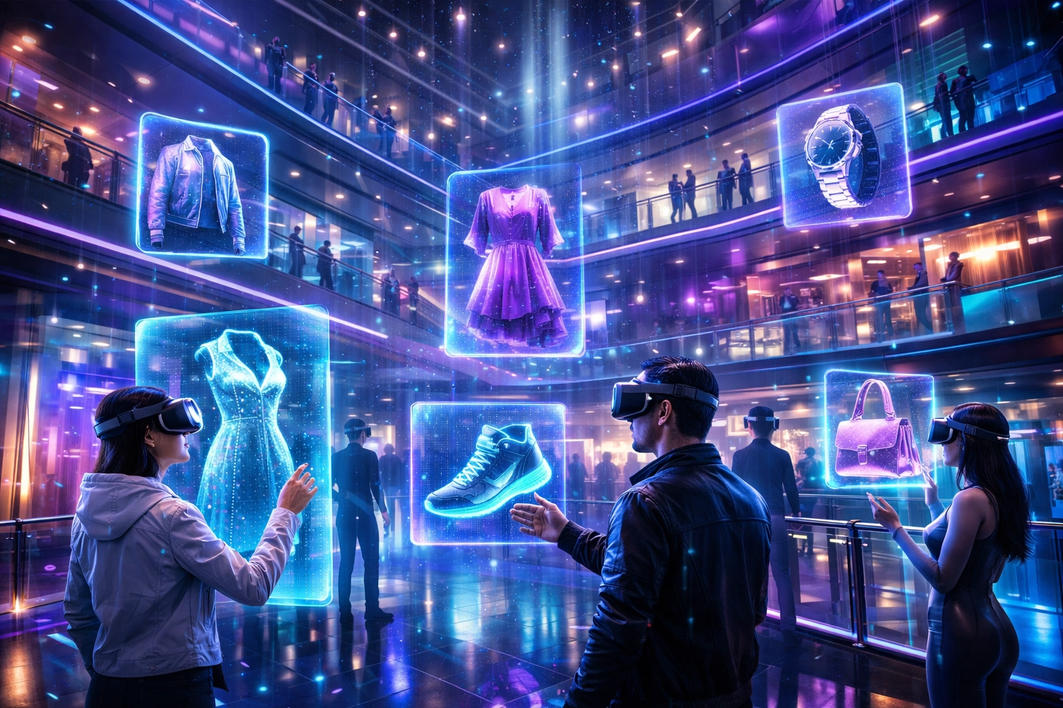 Shoppers wearing VR headsets in virtual metaverse shopping mall with holographic product displays