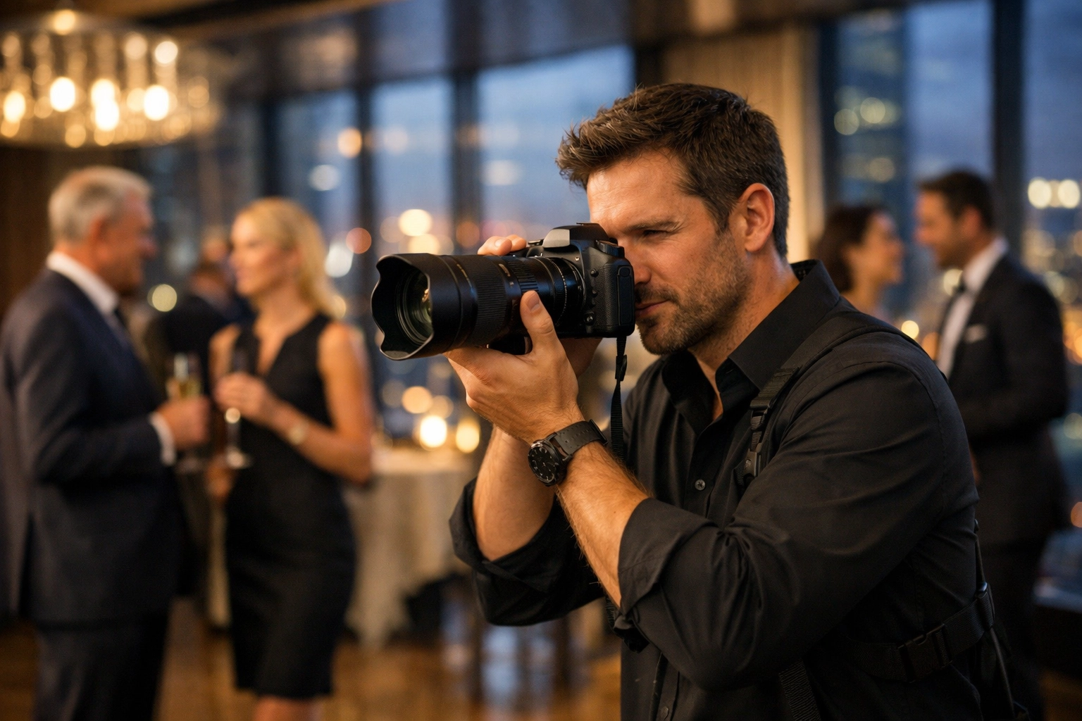 Professional photographer shooting a high-end corporate event in a modern skyscraper.