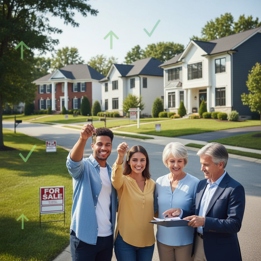 Young couple holding their kids in a suburban neighborhood with their lender and realtor Young couple holding their kids in a suburban neighborhood with their lender and realtor