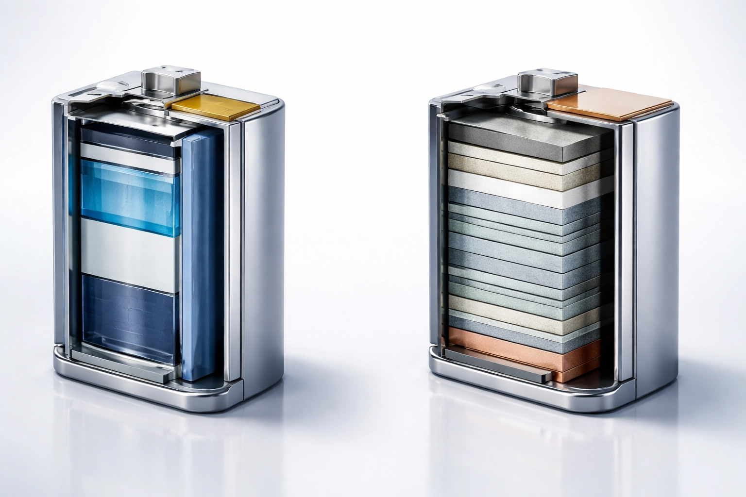 Side-by-side comparison of lithium-ion and solid-state battery cross-sections highlighting solid-state safety and efficiency advantages