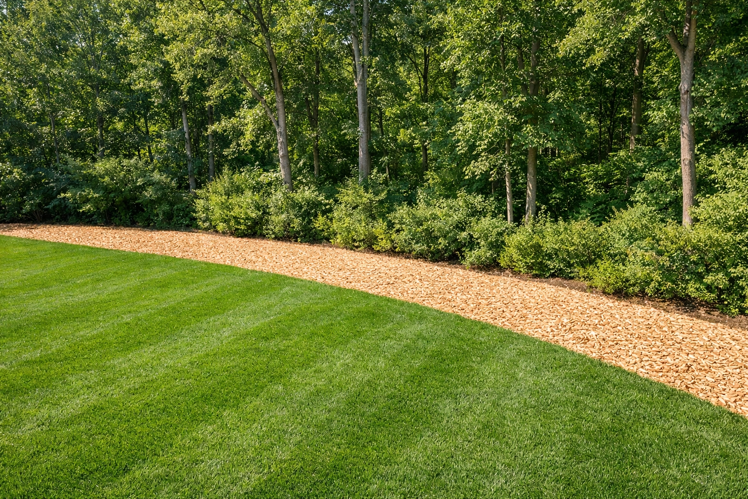 A Westchester backyard with a wood chip barrier between the lawn and woods for tick prevention.