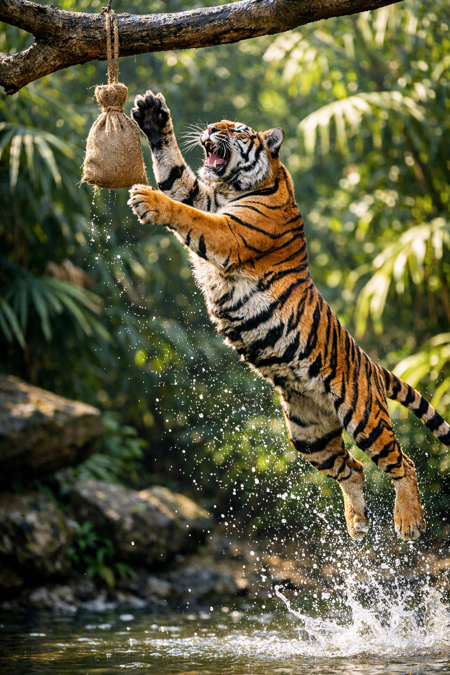 Action shot of a Malayan Tiger jumping for an enrichment toy in a lush zoo habitat.