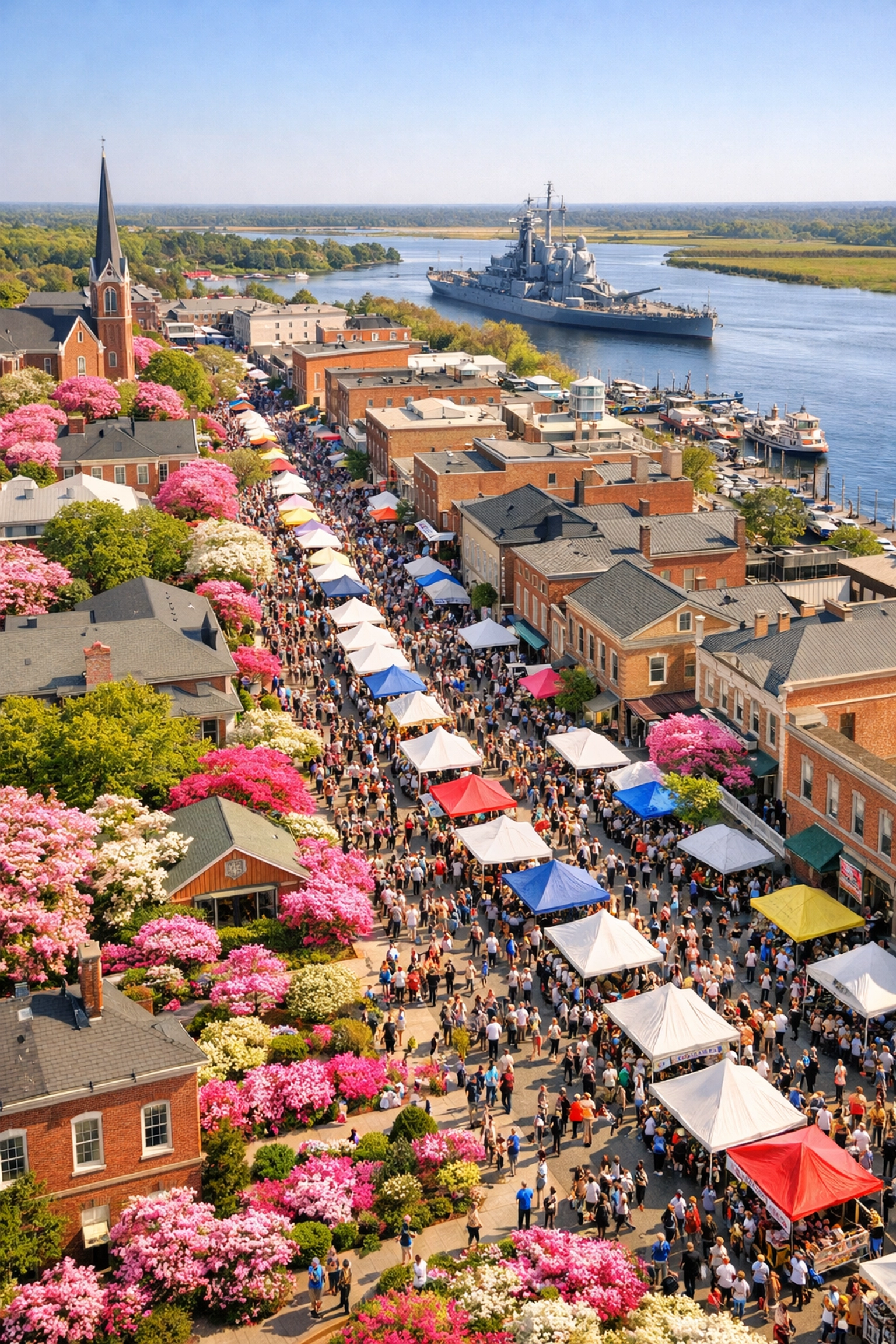 Aerial view of Wilmington NC Azalea Festival with blooming streets and Cape Fear River