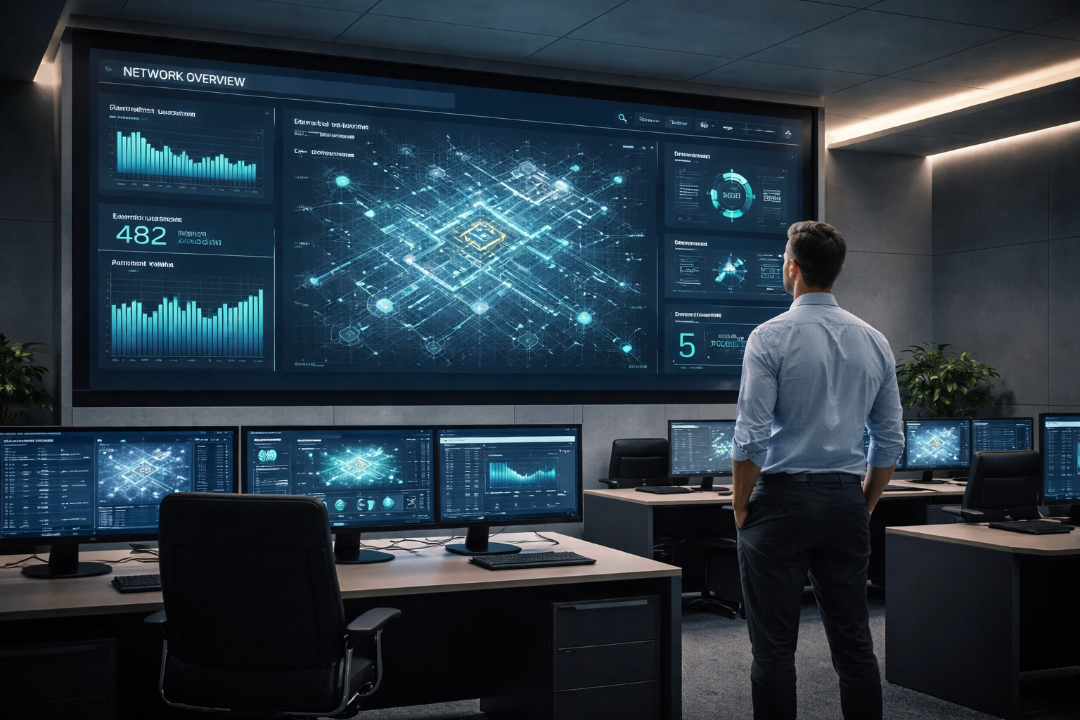 Centralized network management in action with a facilities manager monitoring building digital infrastructure