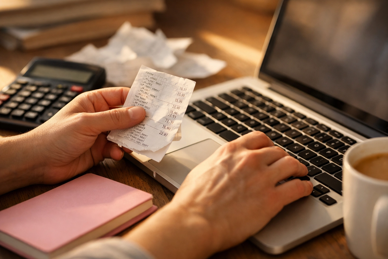 Hands manually entering receipt data into laptop showing time-consuming back office work