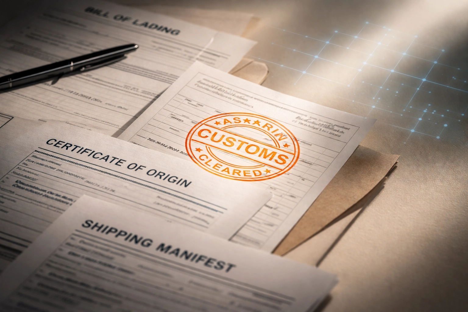 Close-up of official trade documents and customs stamp illustrating free trade agreement strategies.