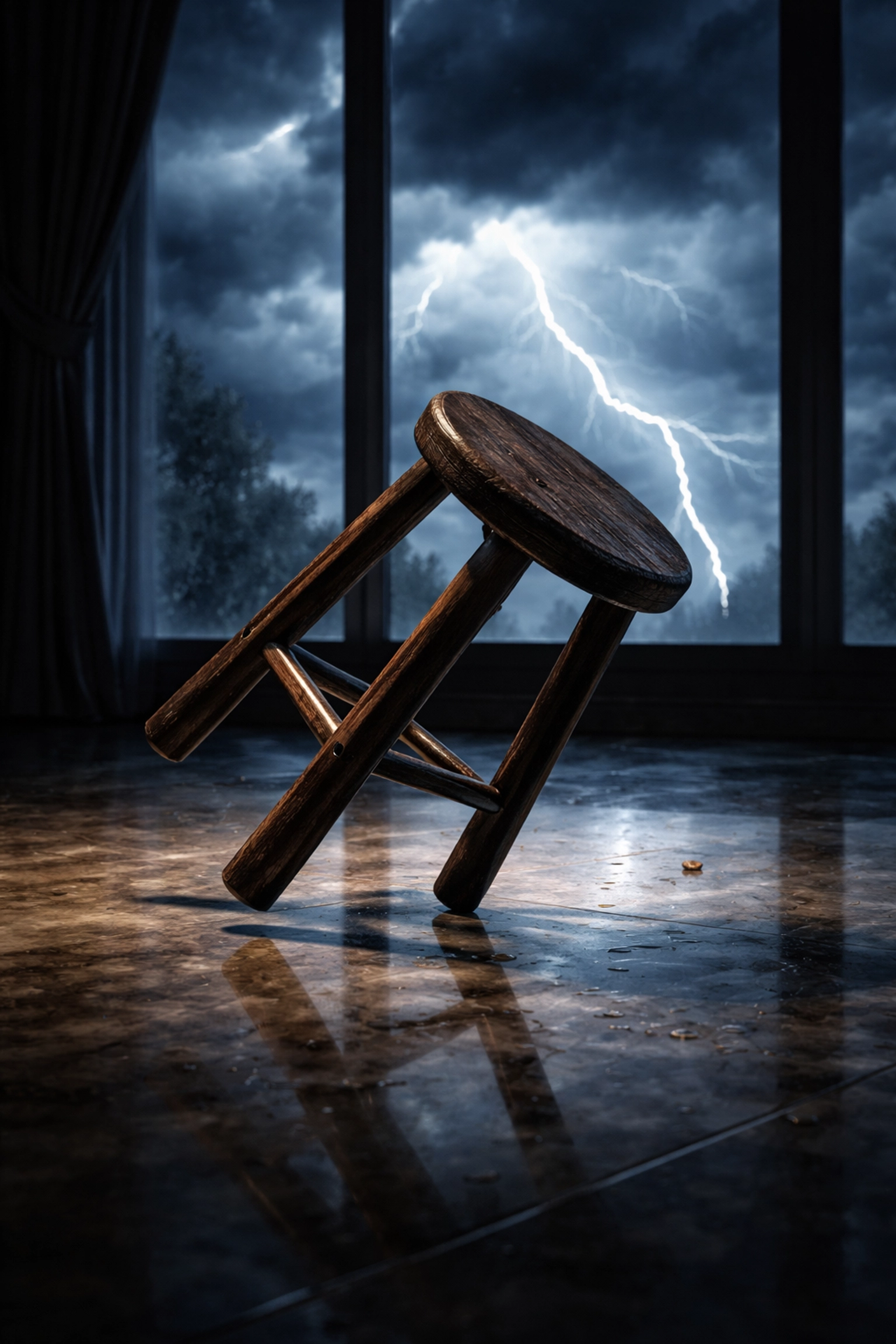 An unstable stool tipping under stormy skies, representing risk in outdated investment strategies for wealth preservation.