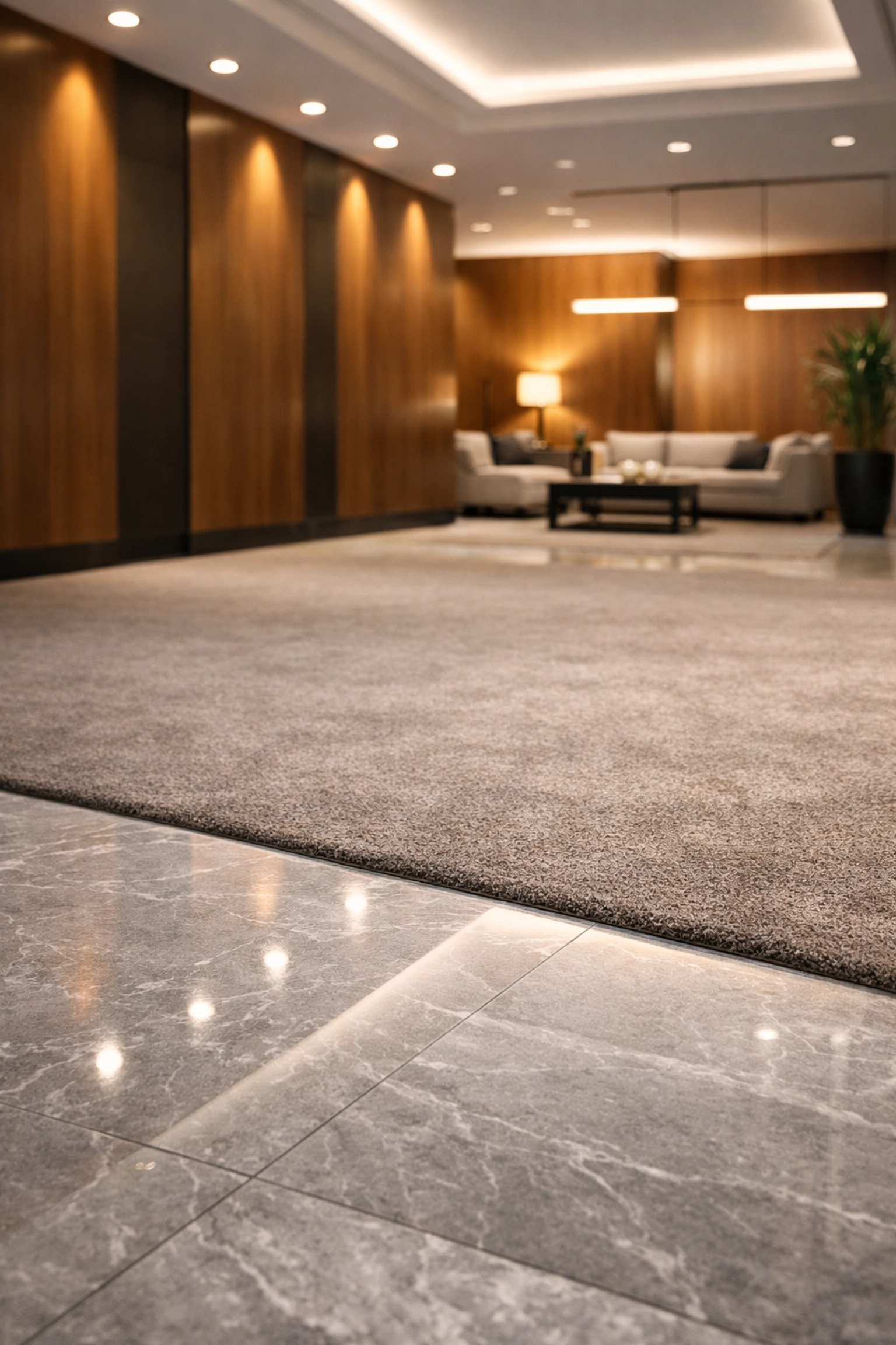 Professionally cleaned Detroit office lobby featuring polished stone floors and pristine commercial carpet.