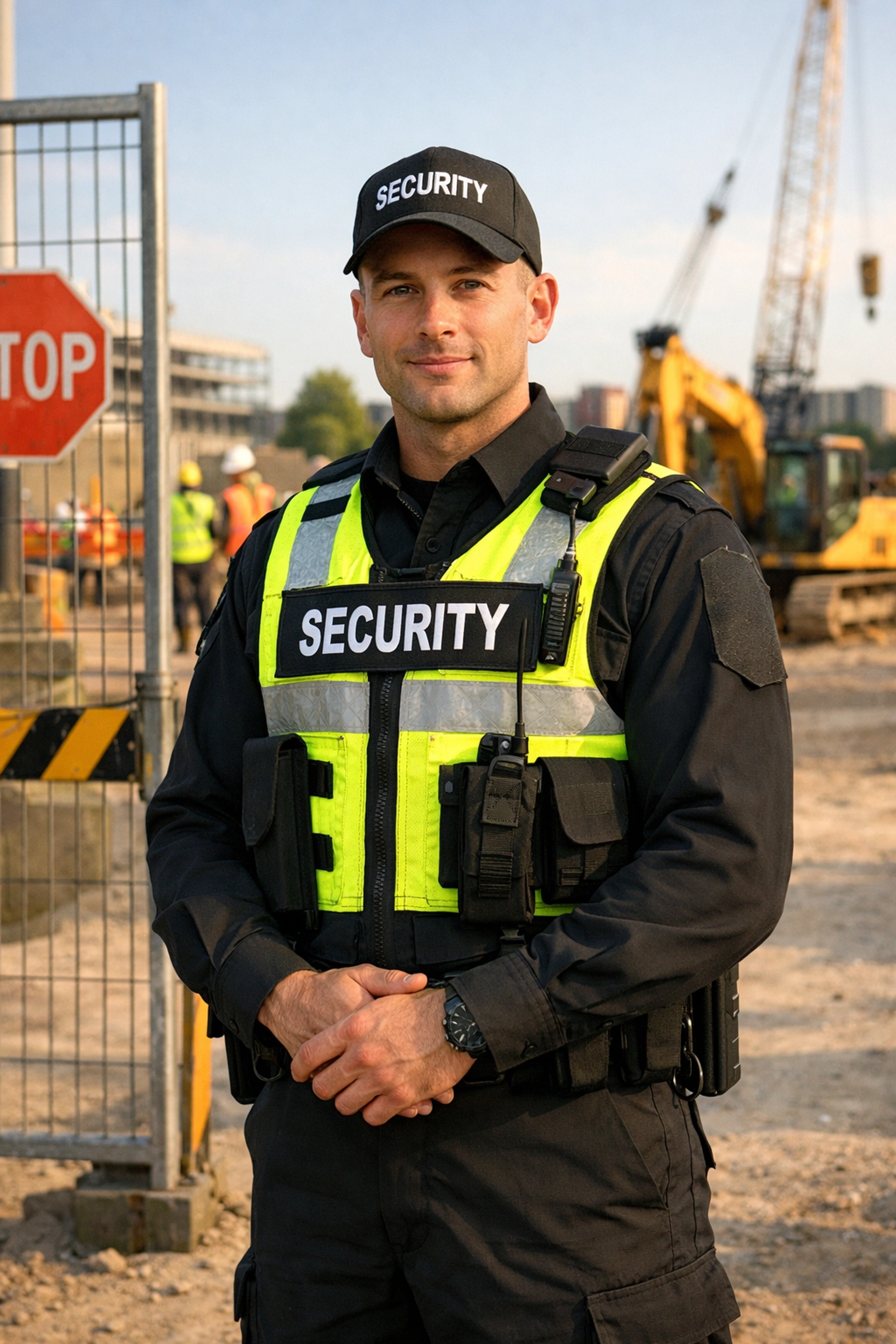 A professional KGFM security guard in a high-visibility vest standing at a construction site entrance.