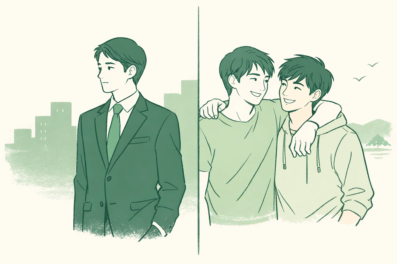 Japanese gay man's dual life: reserved businessman contrasted with authentic self embracing male partner