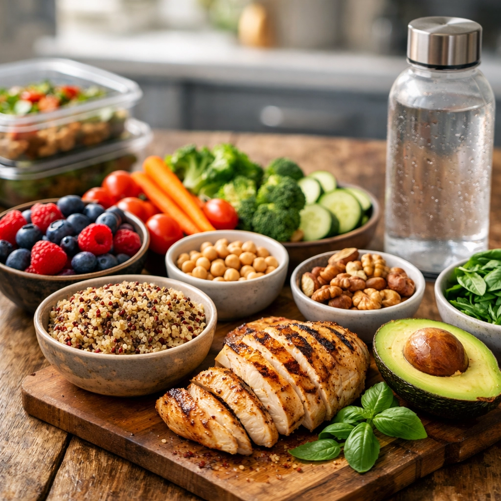 Healthy meal prep with protein and vegetables for bodyweight training nutrition