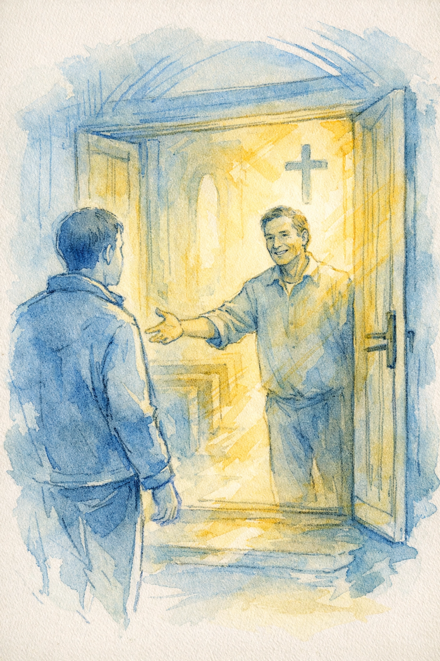 Church greeter warmly welcoming visitor at doorway with open arms and genuine smile