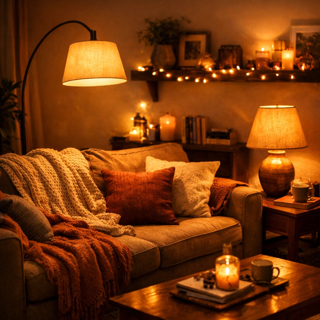 Layered lighting with floor lamp and table lamps creating warm, cozy living room ambiance