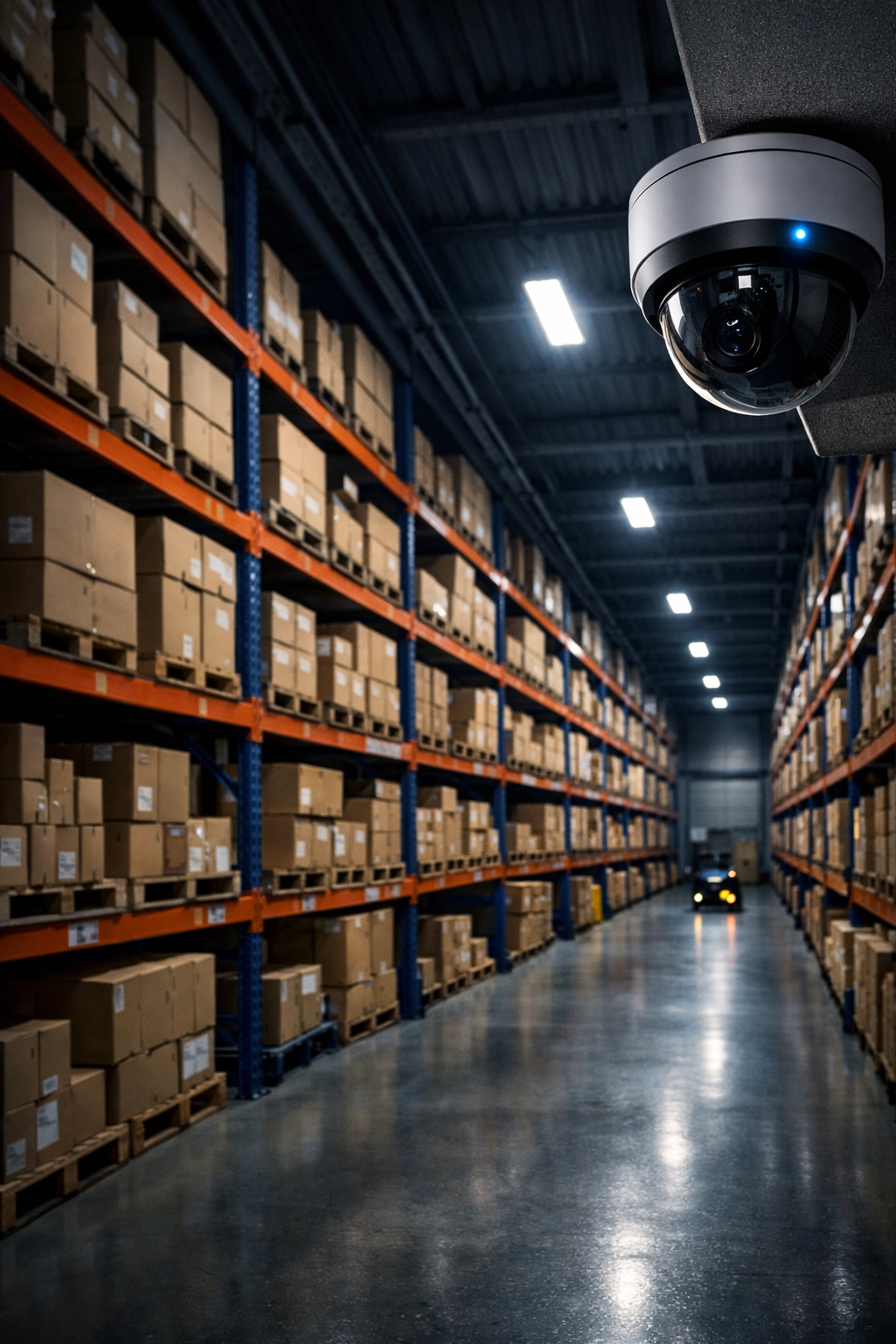 AI security camera monitoring an ecommerce fulfillment center at night to ensure inventory accuracy.