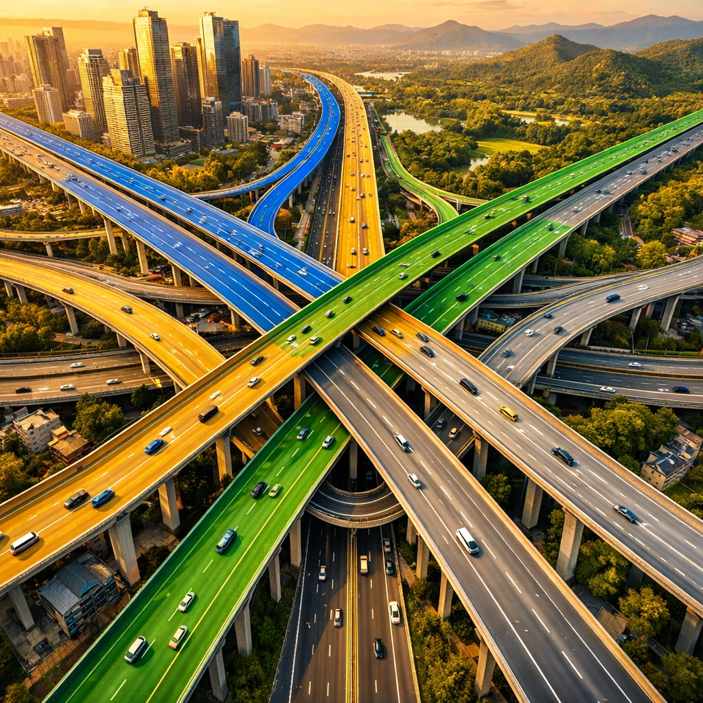 Multiple highway paths intersecting showing diversified investment strategies across asset classes