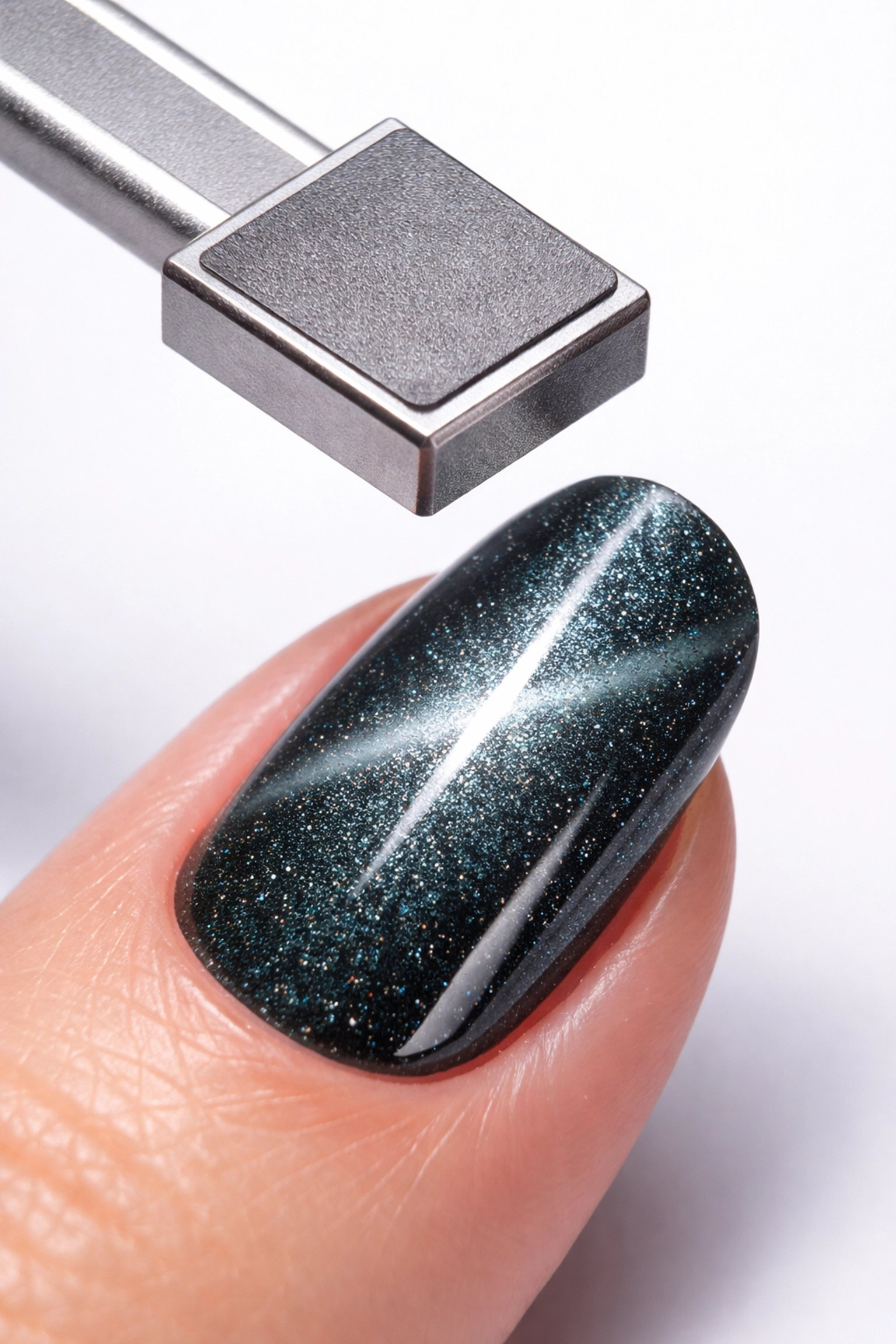 Nail technician using magnet on wet magnetic gel to create precise cat-eye nail pattern