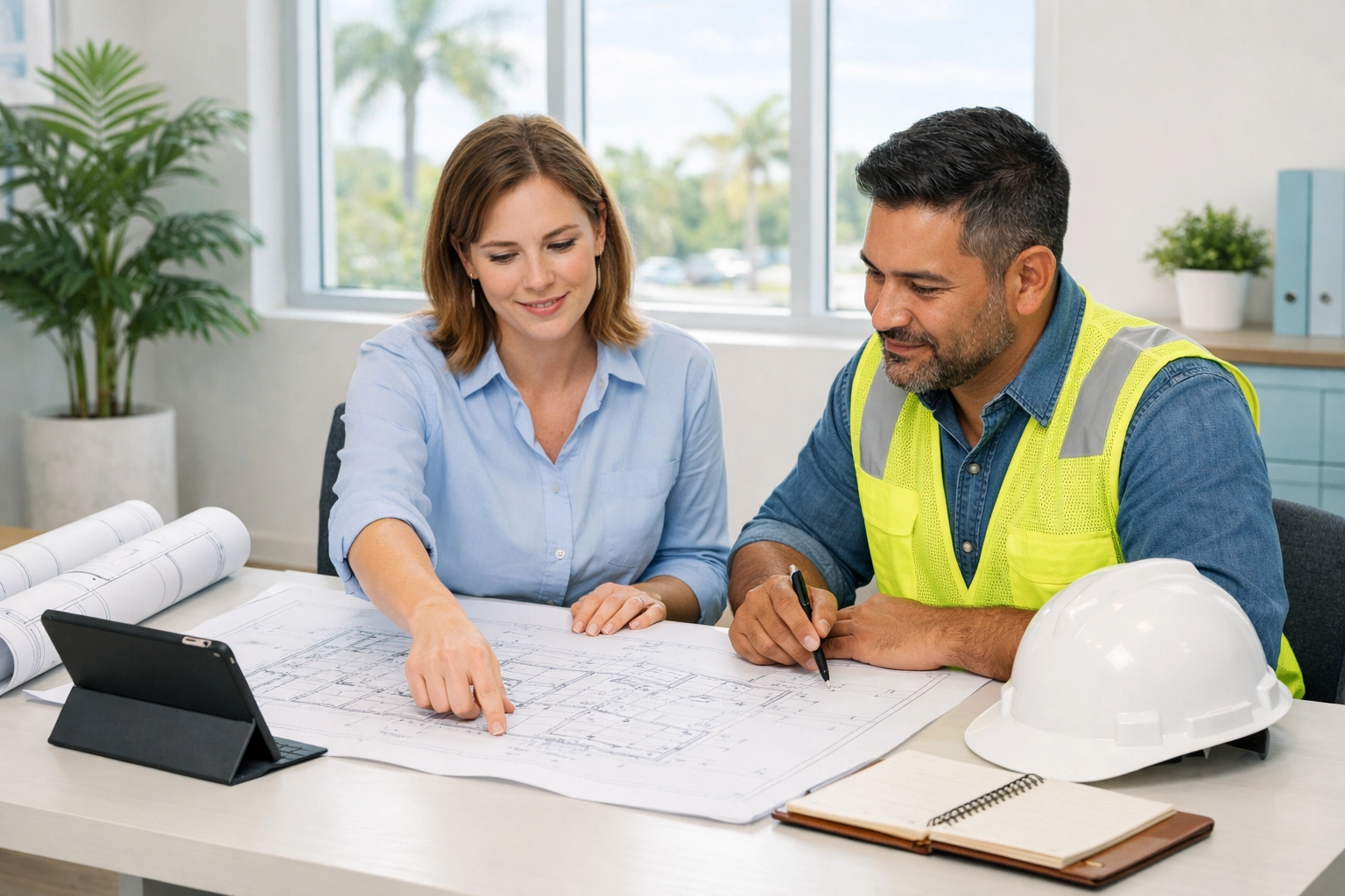 Florida private provider reviewing construction blueprints with project team