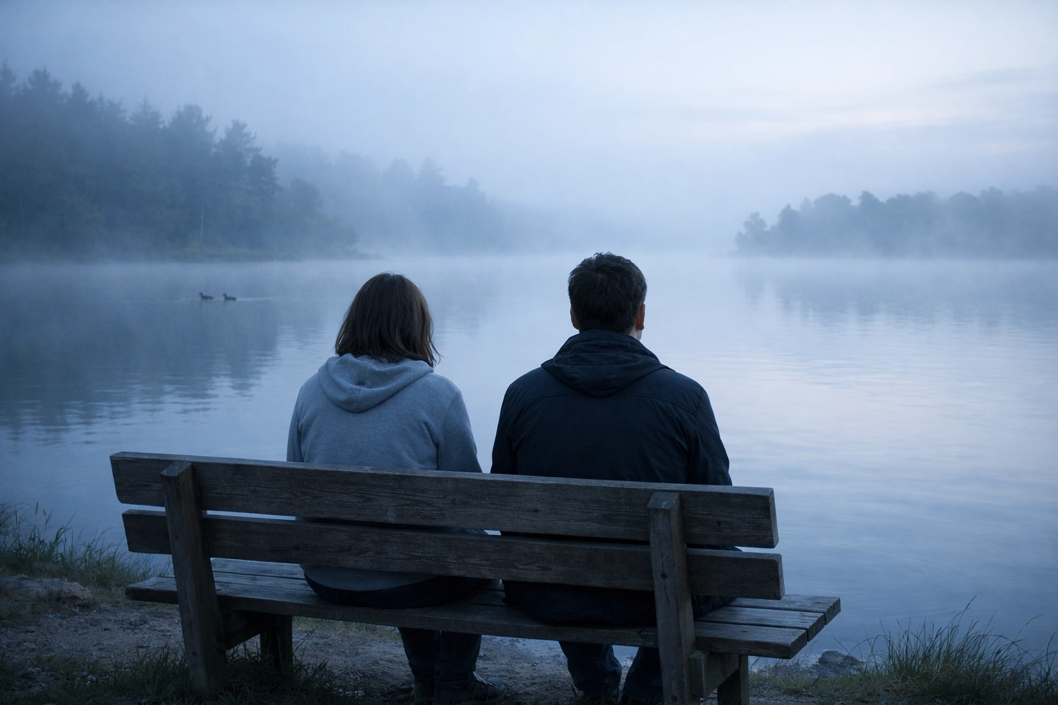 Two people on bench by misty lake representing connection and shared healing in therapy