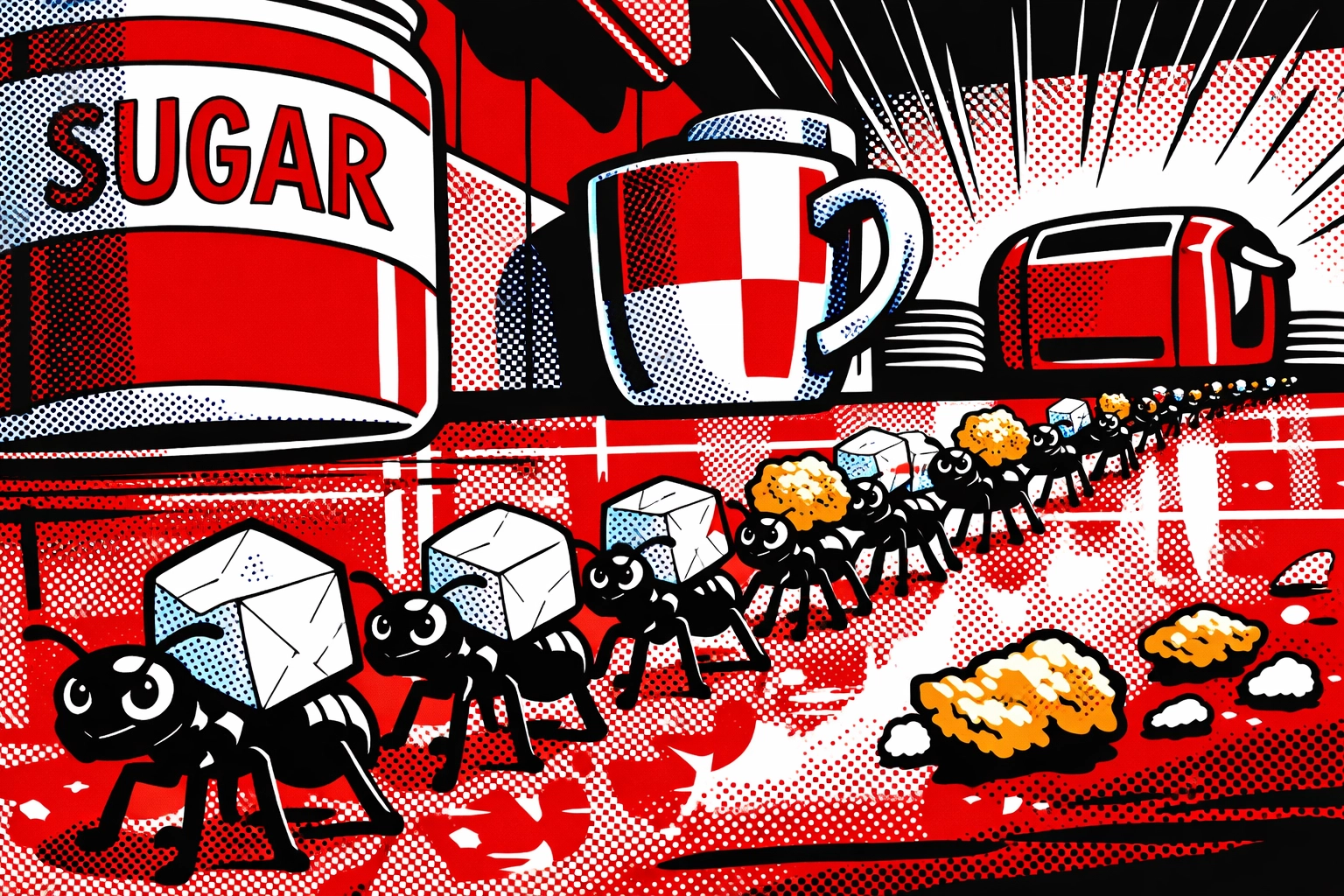 Sugar ants marching in trail carrying crumbs across Jasper kitchen counter