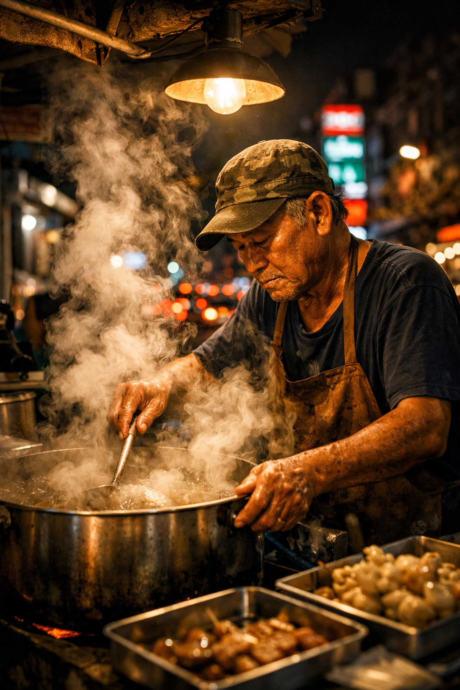 Candid street photography ideas featuring a street food vendor working at night under golden light.