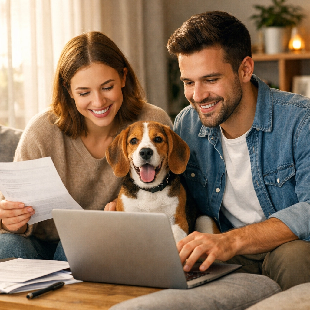 Couple reviews pet insurance documents at home with beagle puppy, reflecting smart pet owner decisions.
