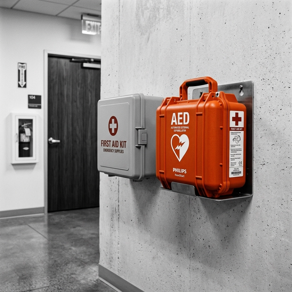 Close up of a modern first aid kit and an AED device
