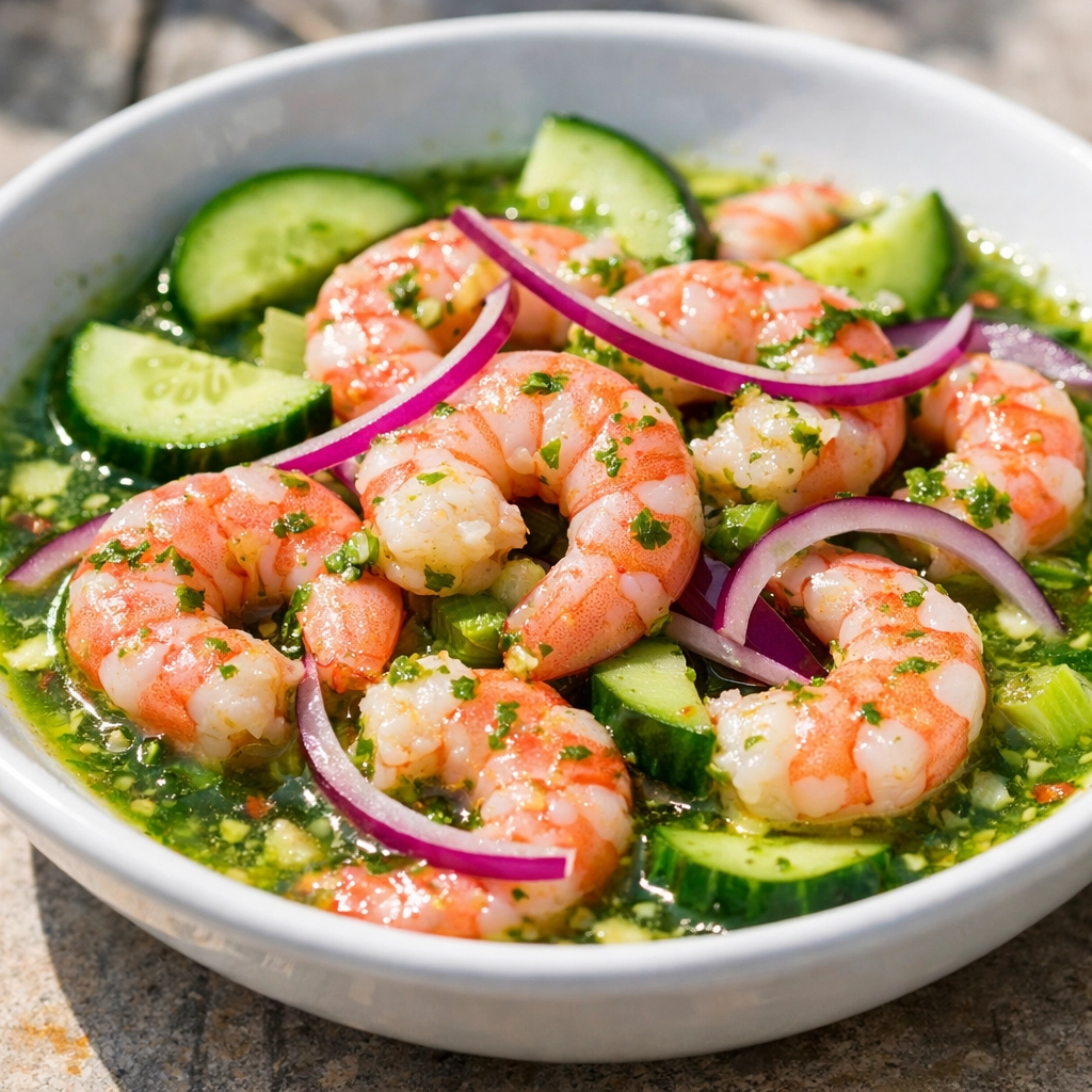 Refreshing shrimp aguachile with lime and chili, a standout budget travel food option in Mexico City.