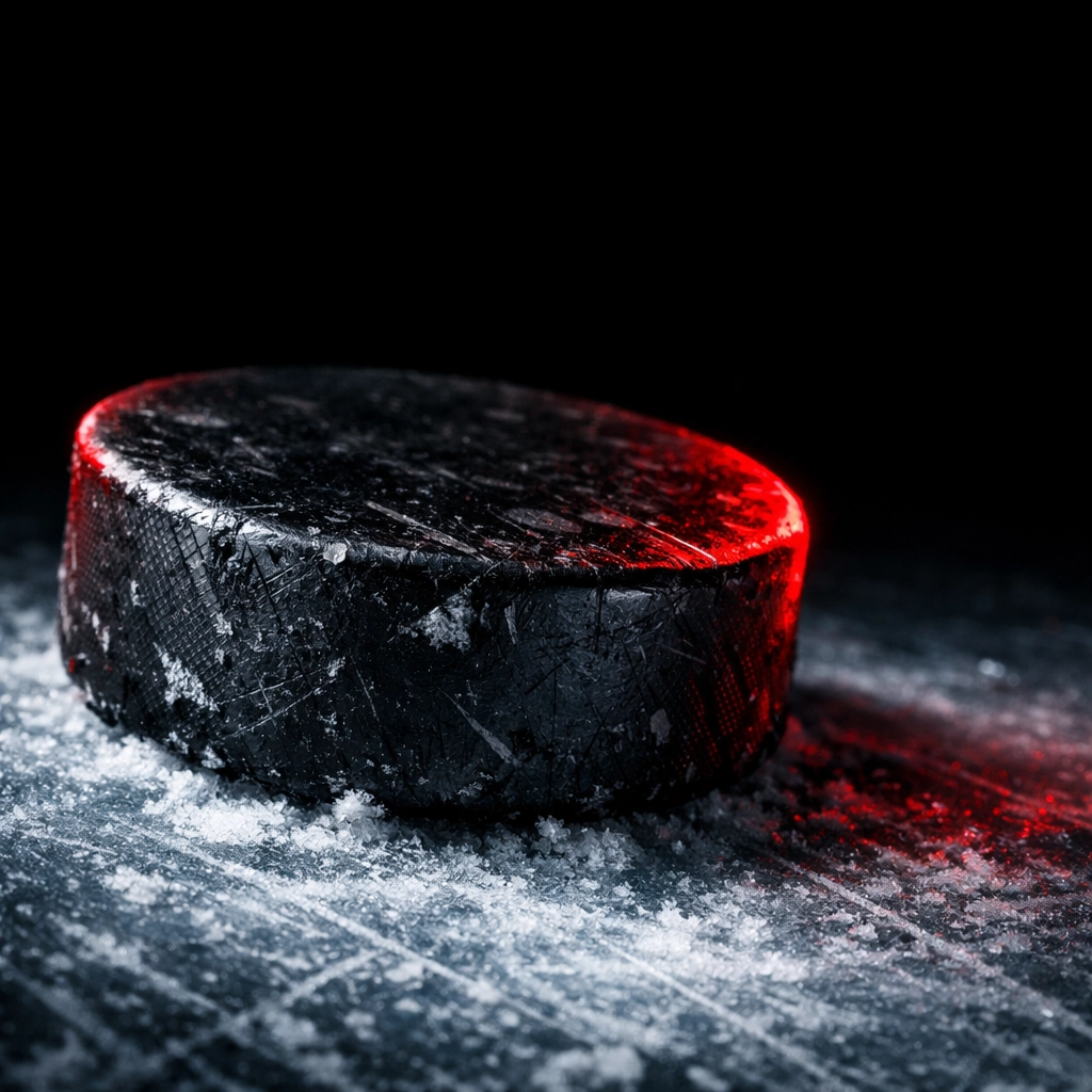 Close-up of a hockey puck on ice, highlighting Vancouver Canucks news and the upcoming NHL trade deadline.