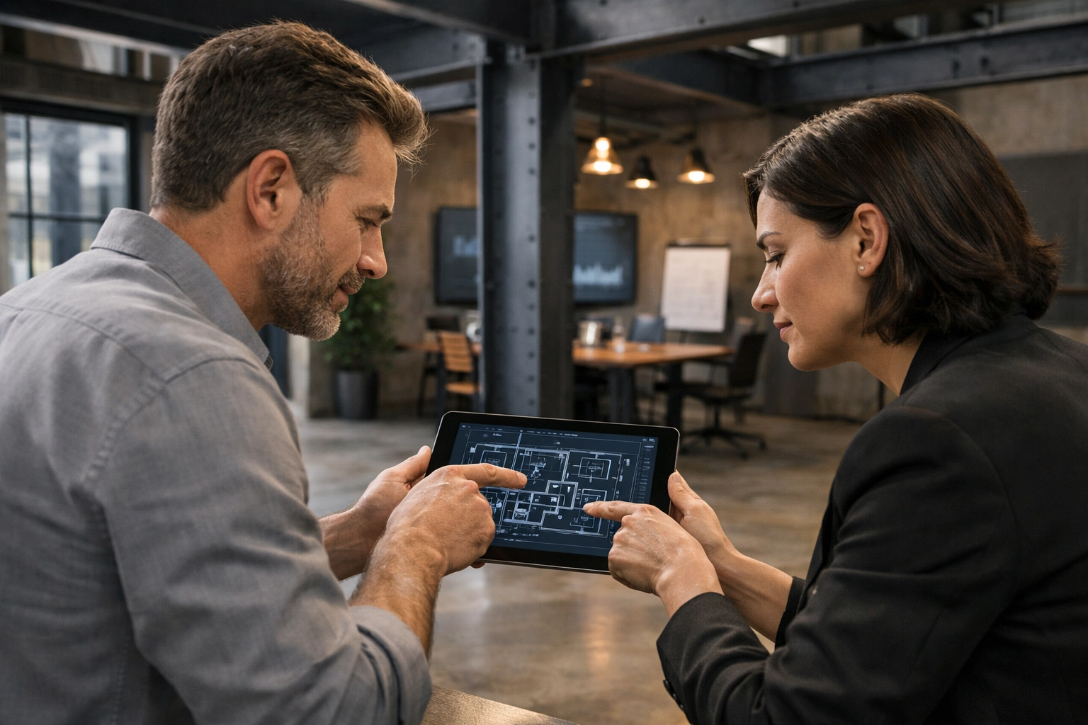 Professionals collaborating on a strategic plan for custom mobile app development and SMB growth.