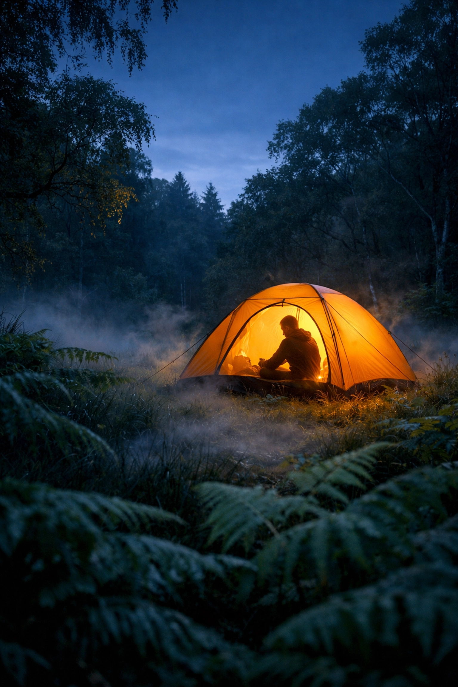 Wild camping tent glowing at dusk in UK woodland setting during remote camping adventure
