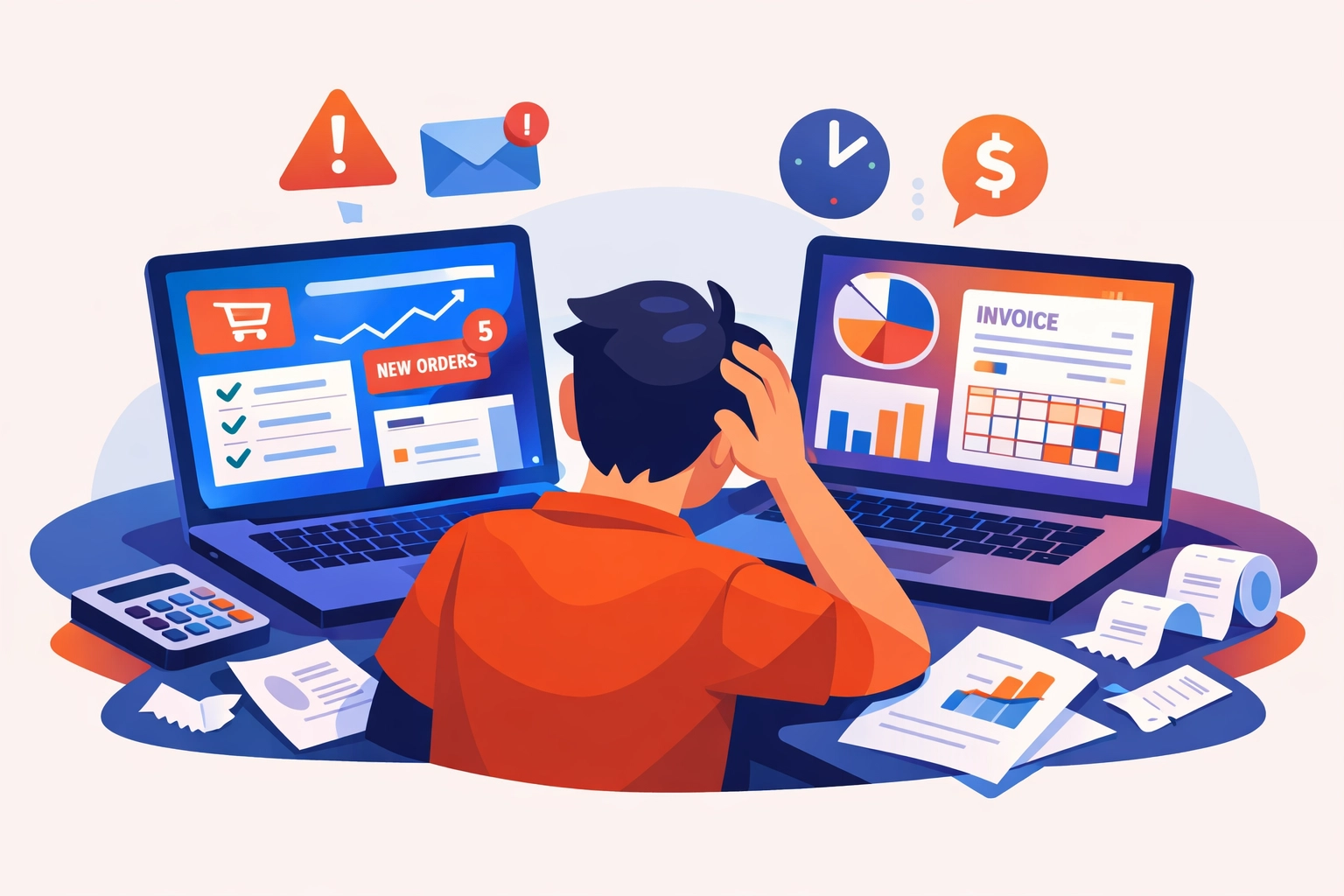 Small business owner frustrated managing multiple software platforms and scattered receipts