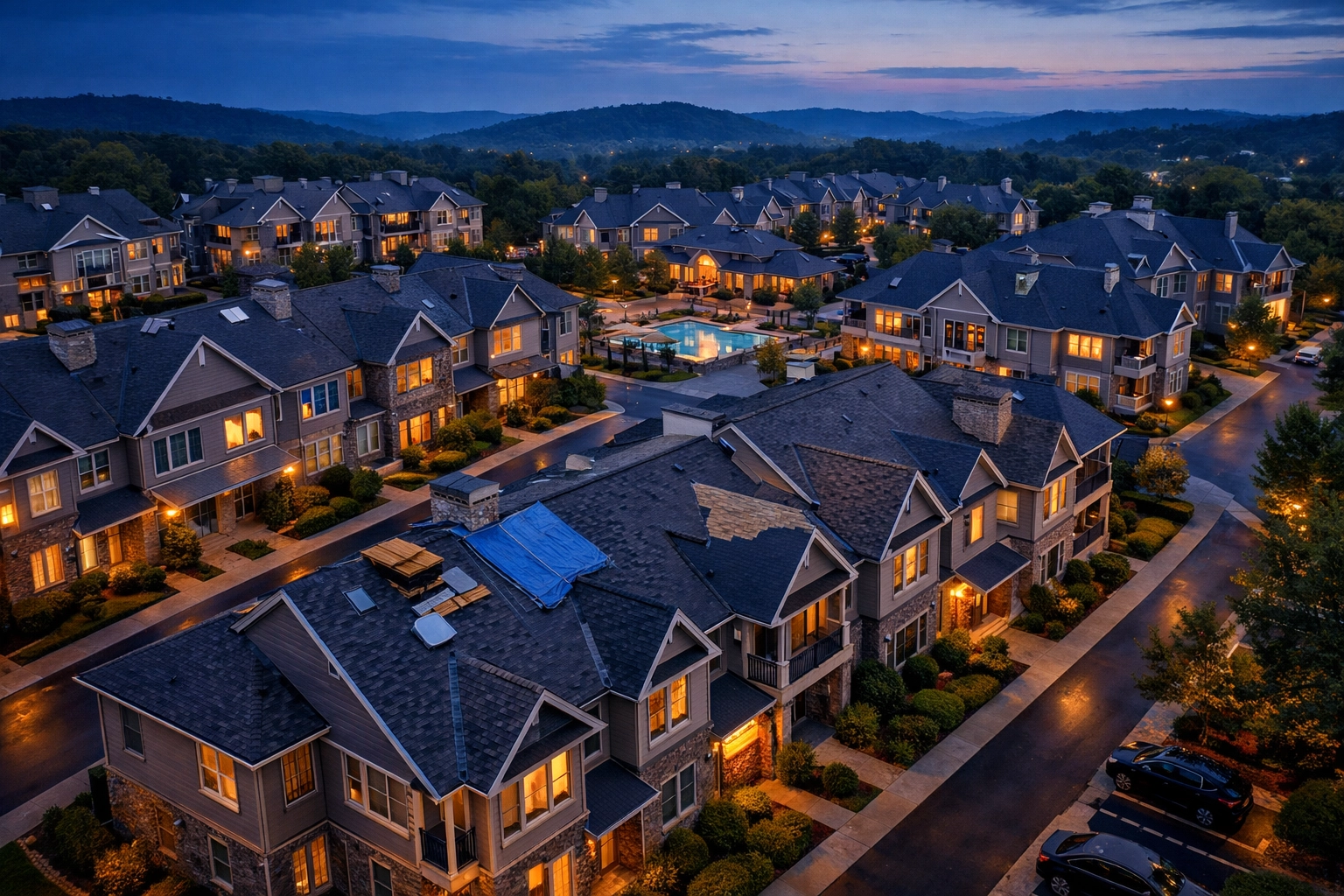 Condo association buildings in Northern Kentucky showing shared roofing structures