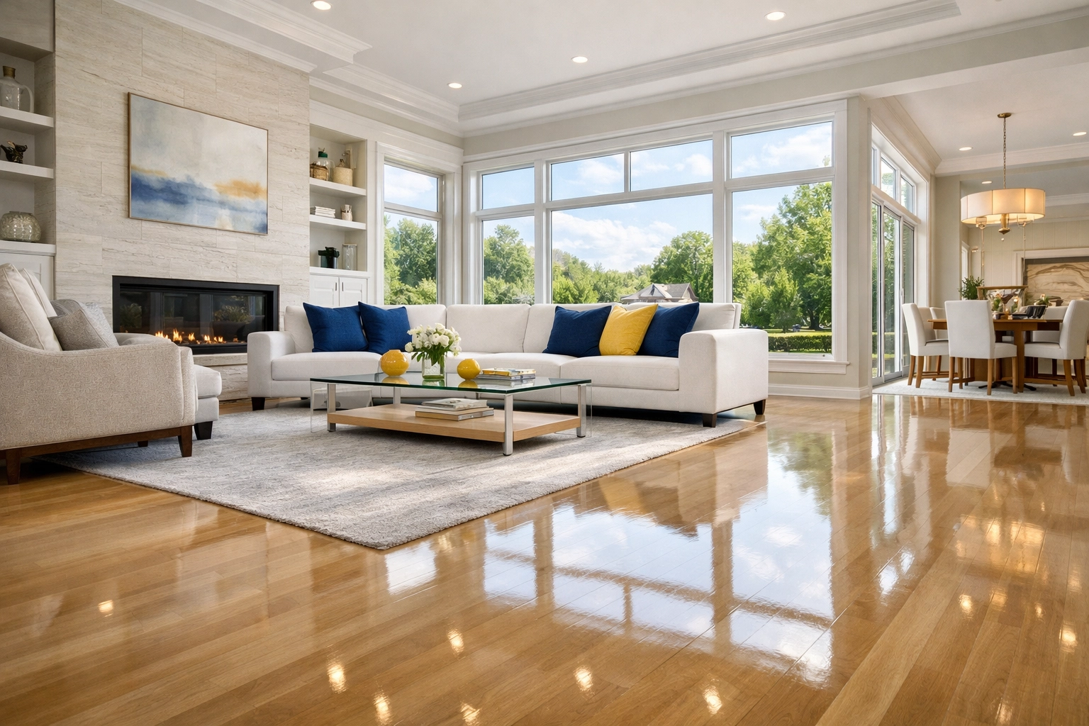 Spotless open-concept living room in a Needham home after a professional deep cleaning.