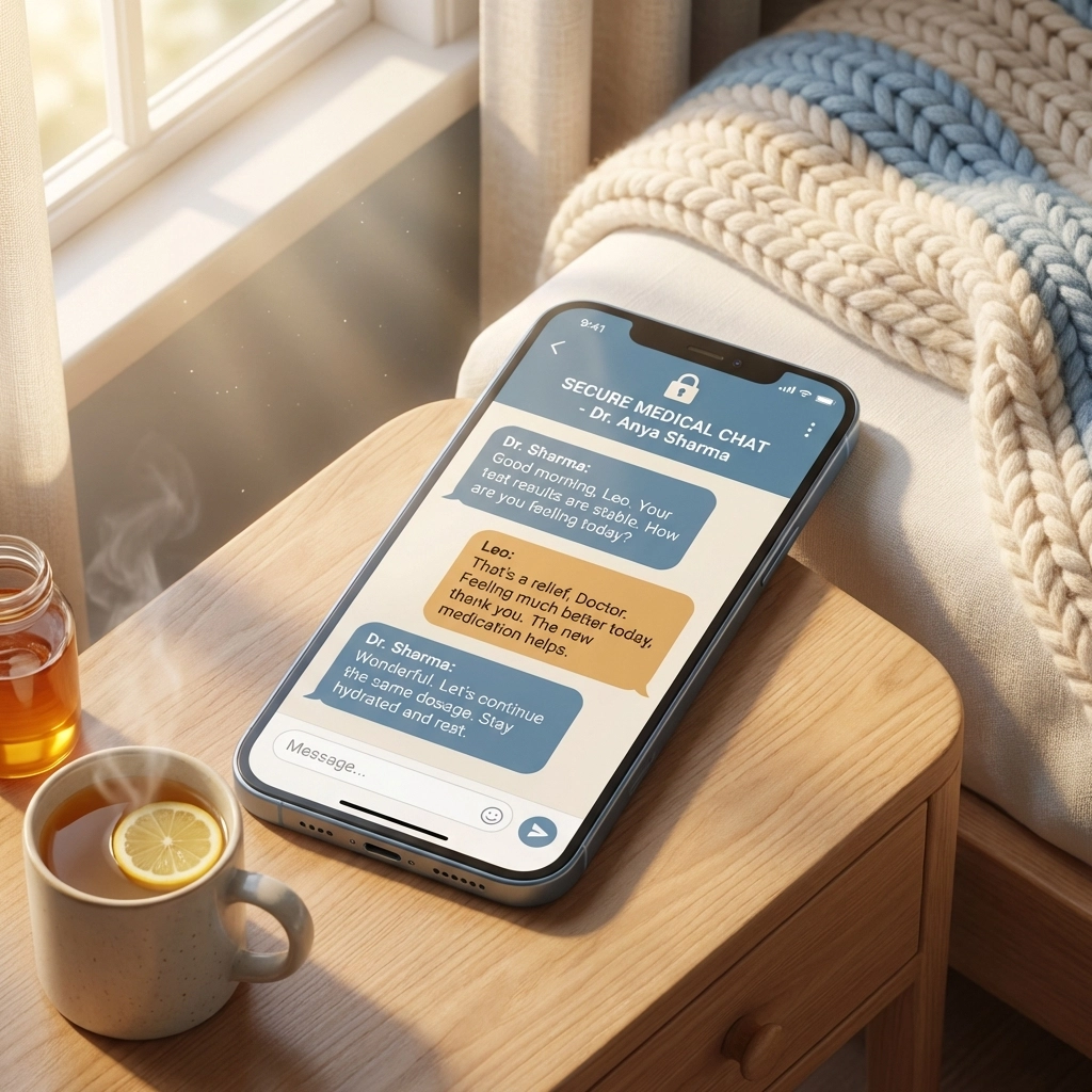 Secure medical chat with online doctor for sore throat, showing convenient telehealth care at home