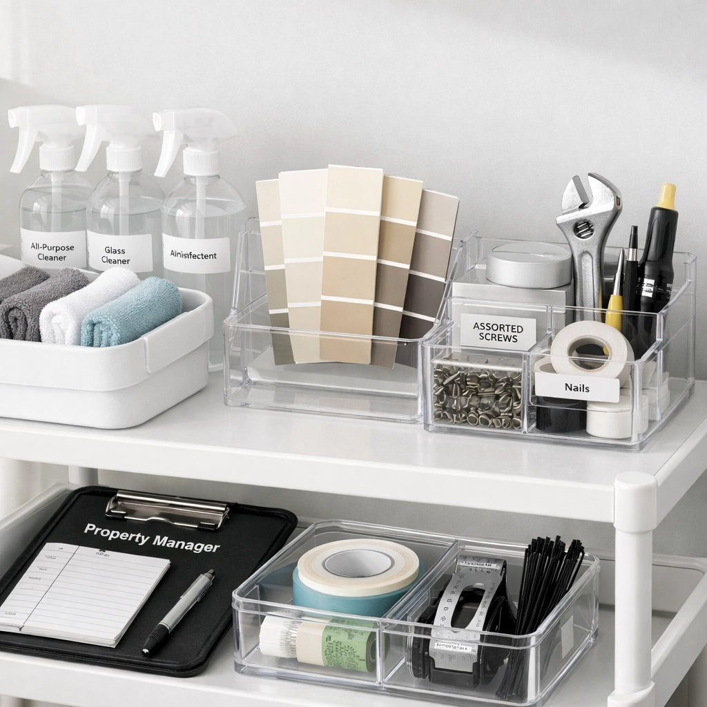 Organized apartment turnover supplies including cleaning products and maintenance tools