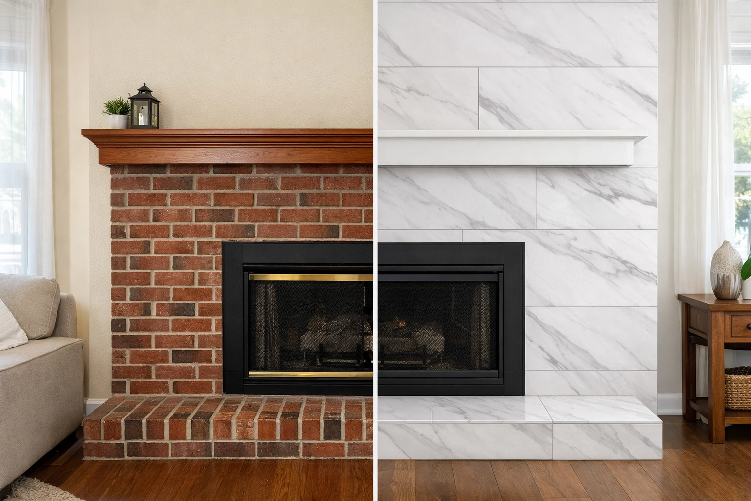 Before and after fireplace transformation with modern tile installation in Orlando living room
