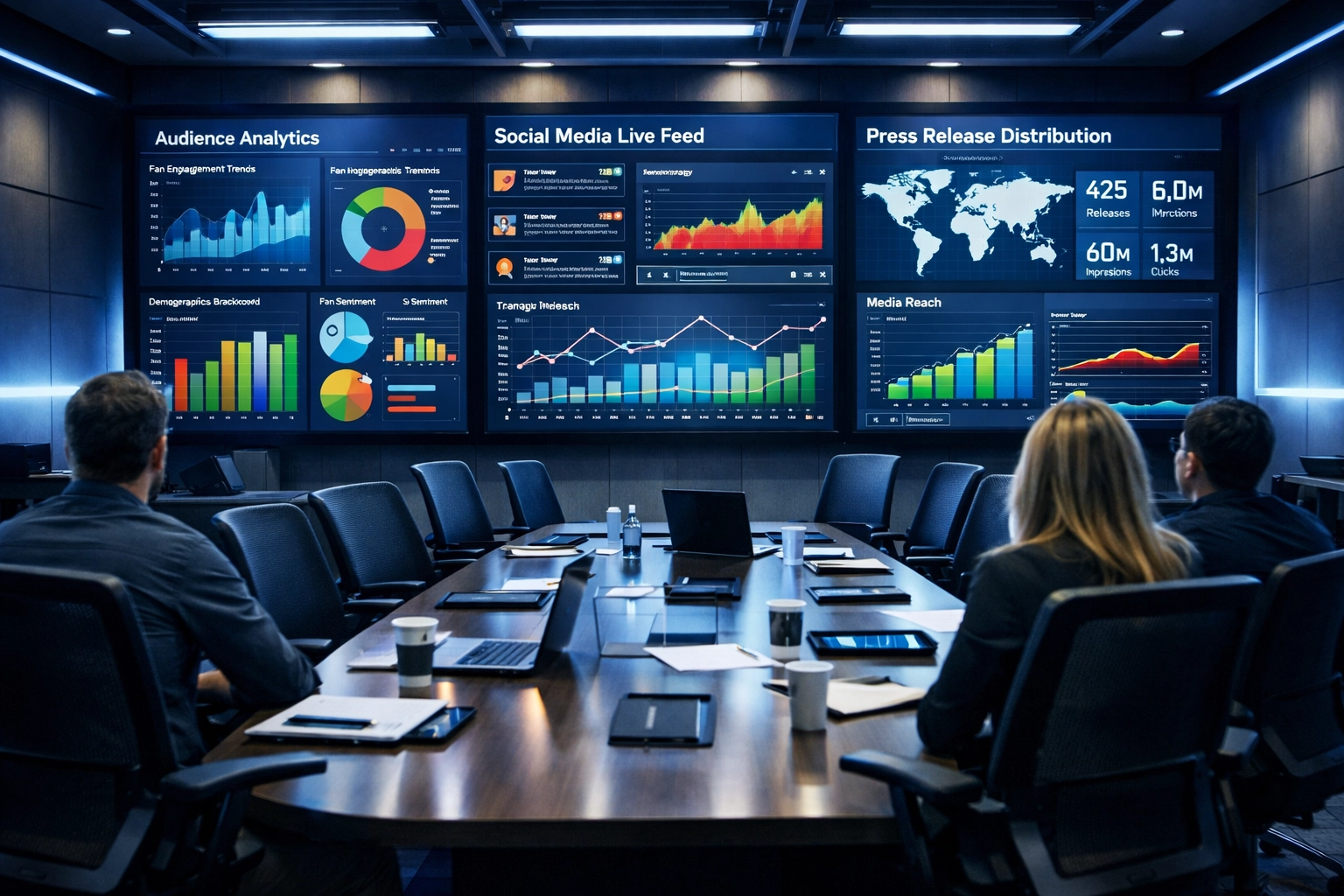 Sports marketing agency monitoring press release analytics and distribution metrics on screens