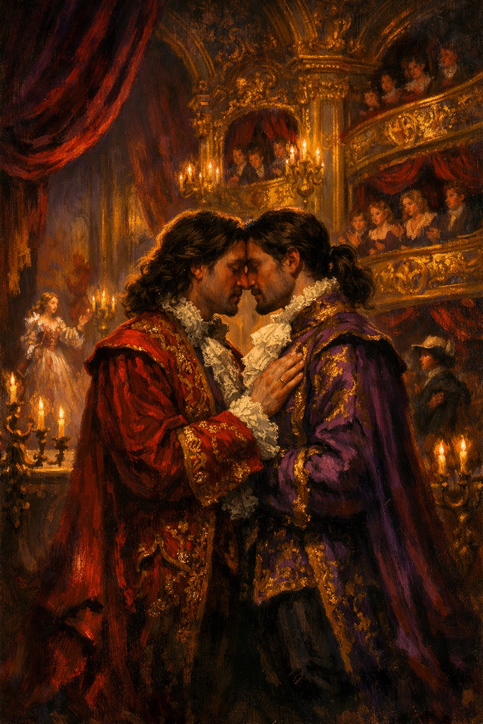 Gay opera performers in Baroque era costumes on stage illustrating LGBTQ+ classical music history