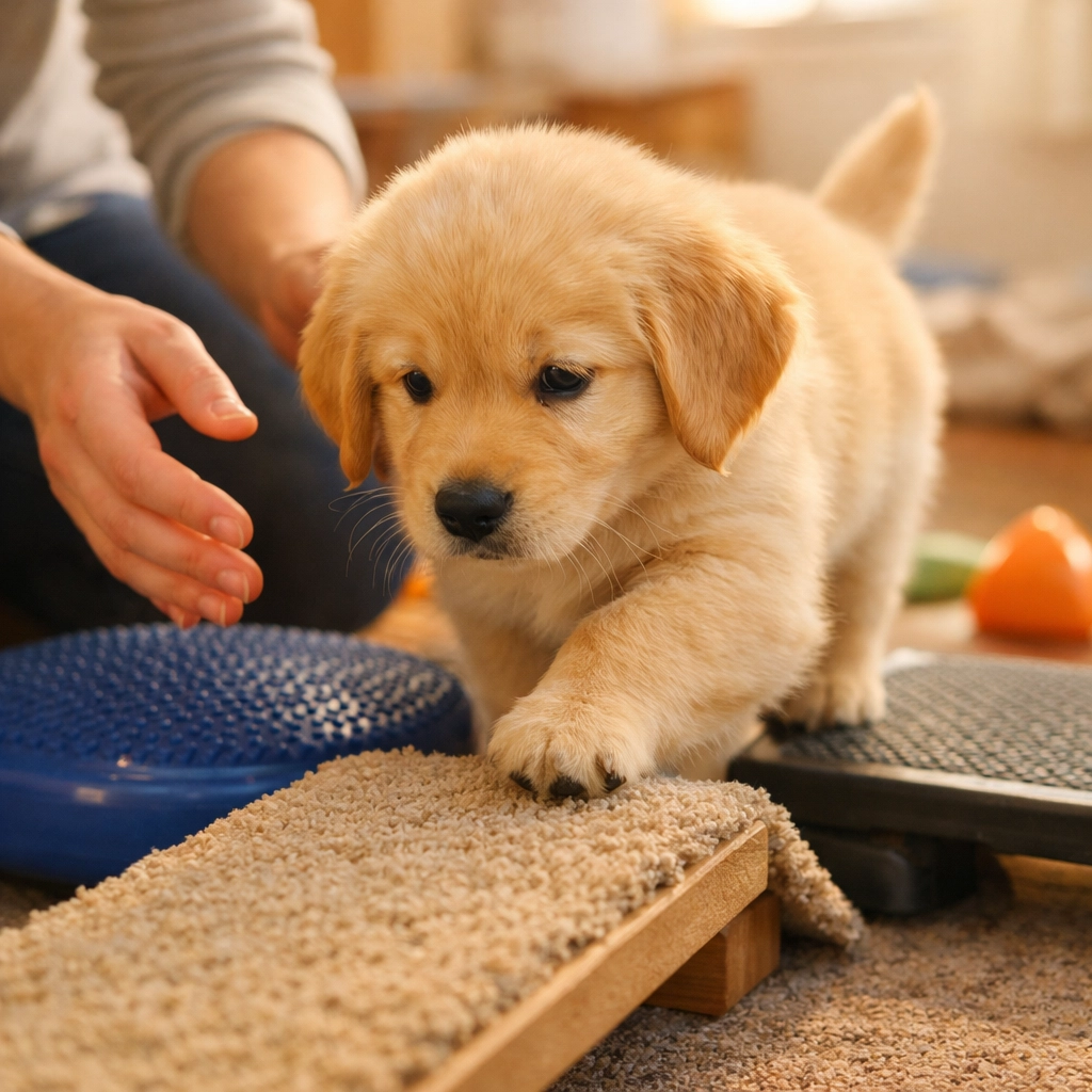 Eight-week-old Golden Retriever puppy during early socialization training session