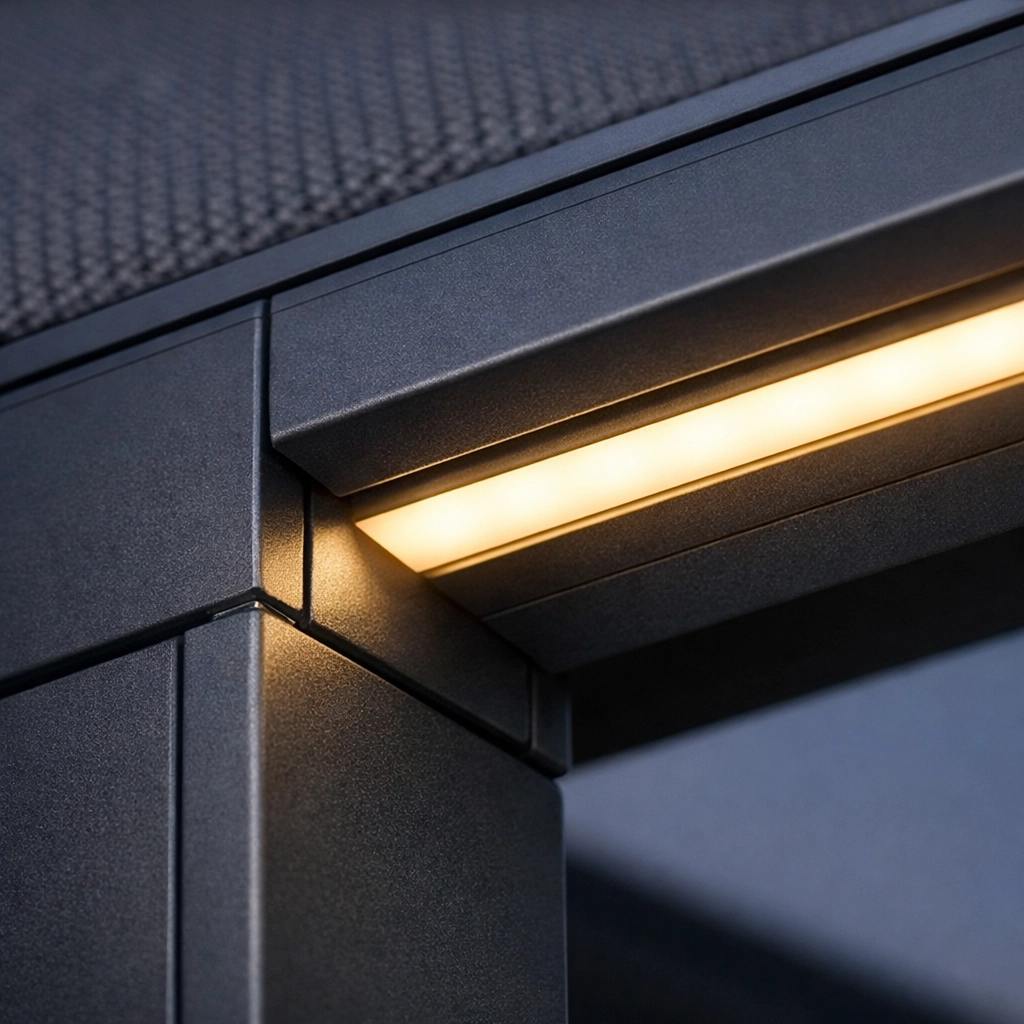 Aluminium-Führungsschiene einer Pergola mit integrierter LED-Beleuchtung für stimmungsvolles Licht.