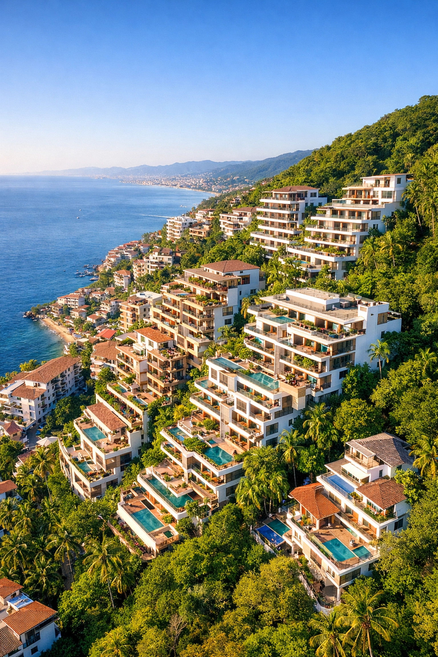 Amapas hillside condos cascading down tropical landscape with Pacific Ocean views Puerto Vallarta